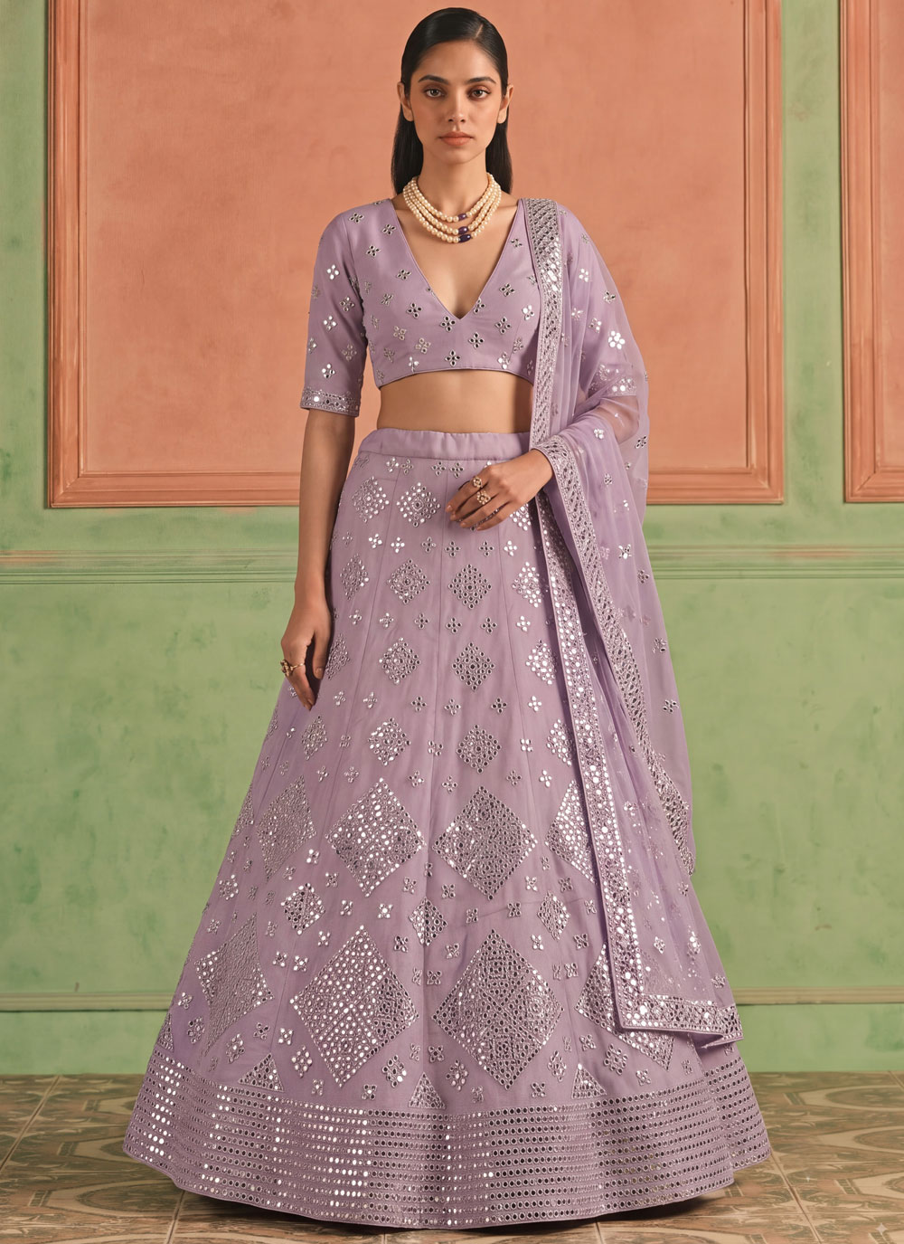 Organza Lavender Embroidered Lehenga Choli for Engagement - Buy Online
