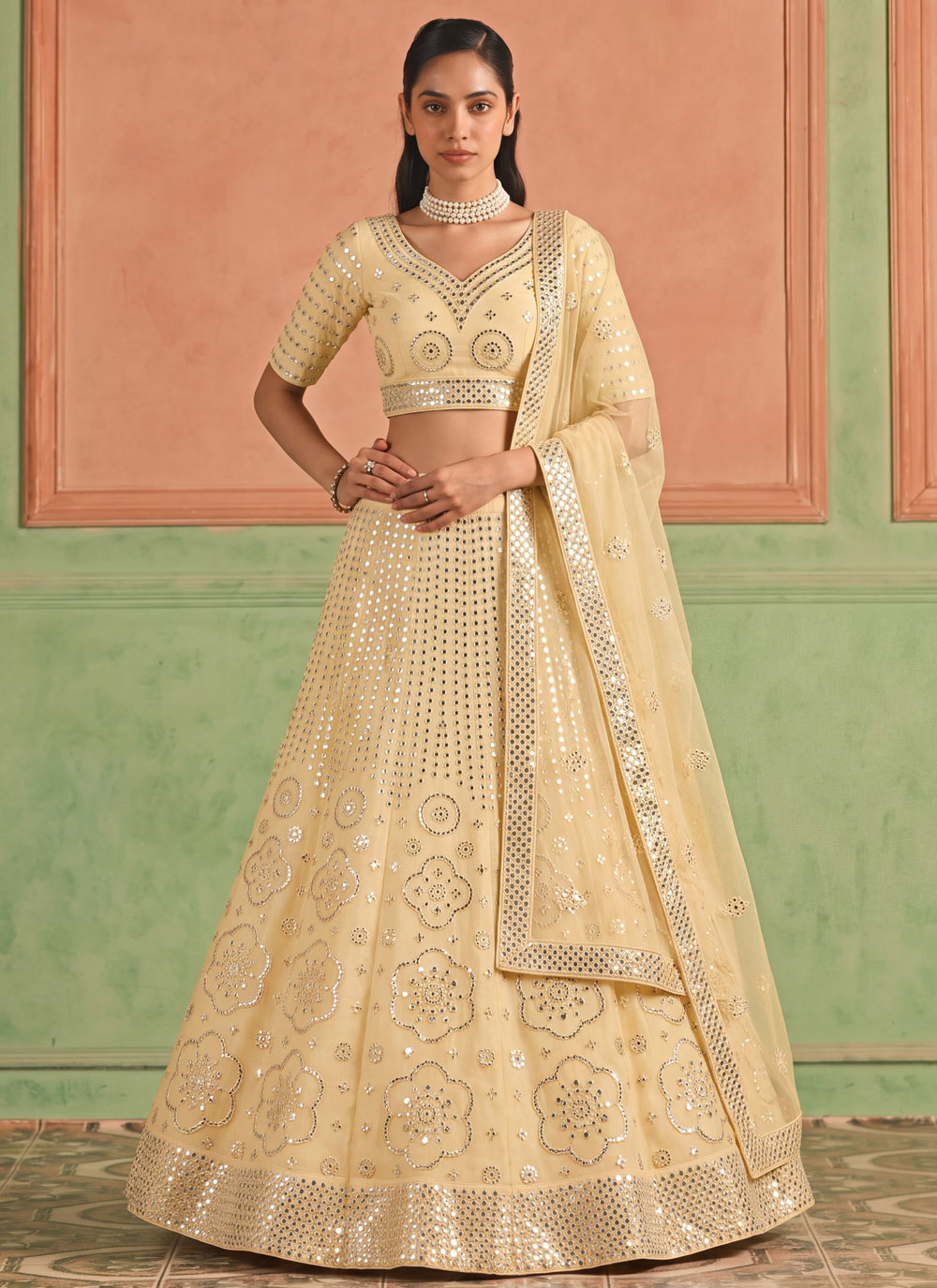 Yellow Mirror Work Organza Trendy Lehenga Choli - Buy Online