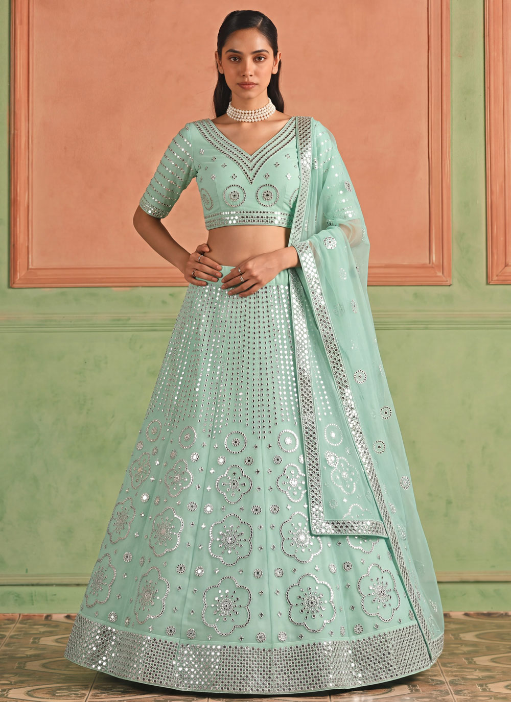 Organza Mirror Embroidered Turquoise Lehenga Choli - Buy Online