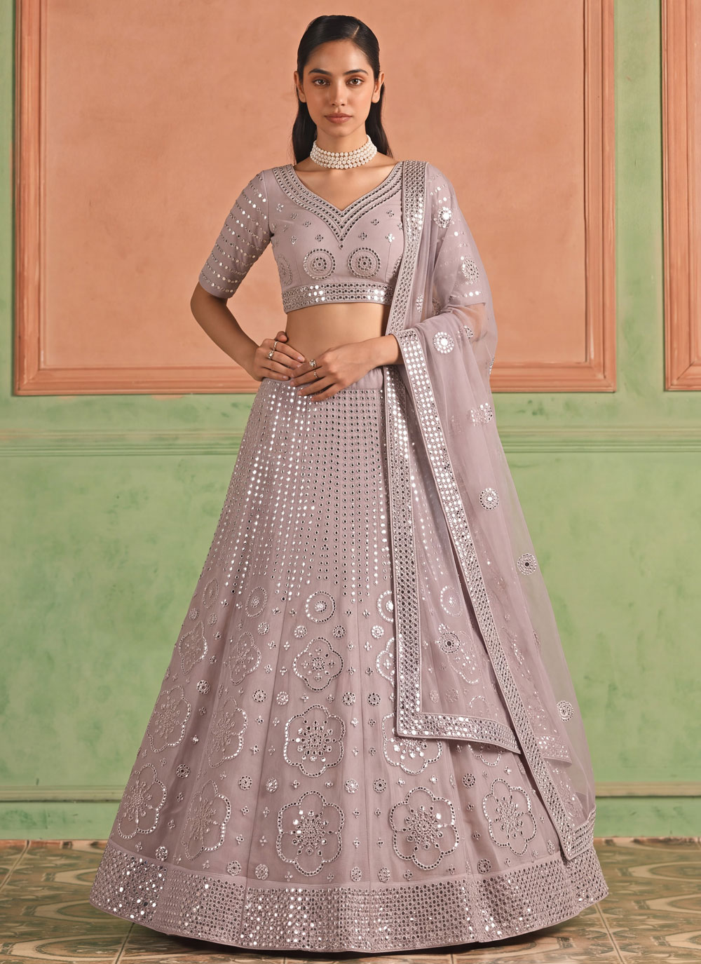 Mirror Embroidered Lavender Organza Lehenga Choli - Buy Online