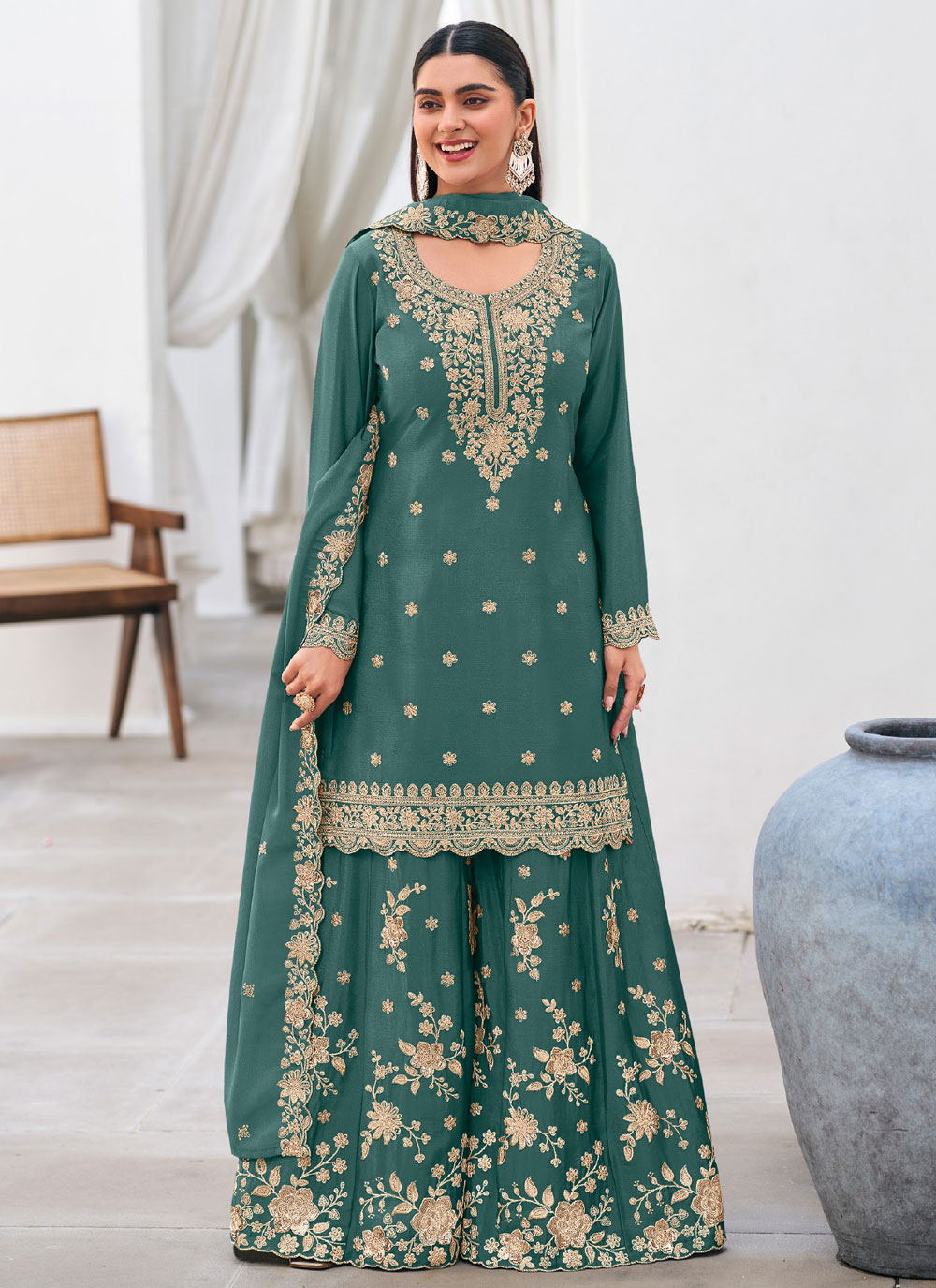 Green Chinon Sequins Embroidered Designer Salwar Kameez - Buy Online