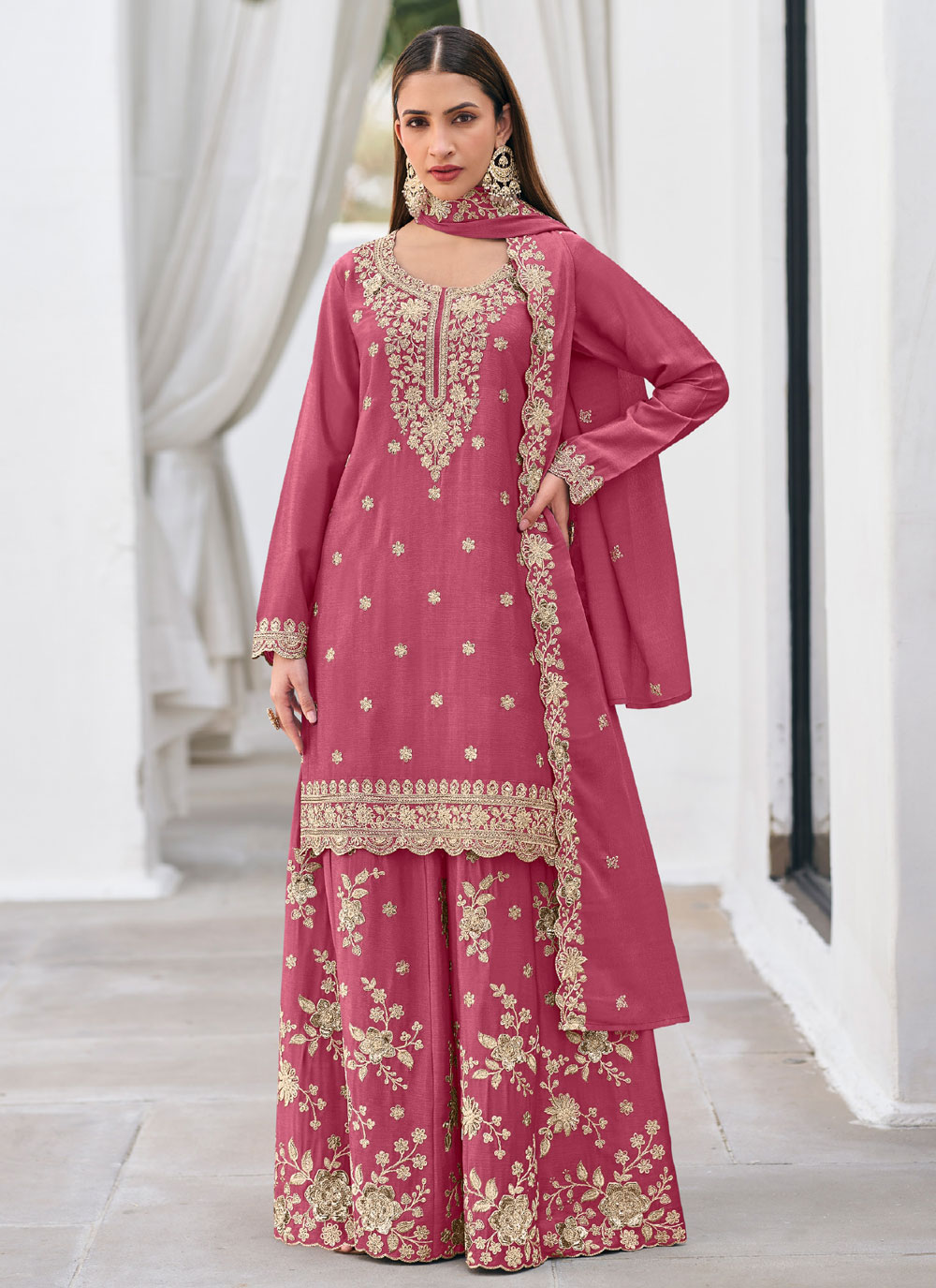 Chinon Pink Zari Embroidered Readymade Palazzo Salwar Suit - Buy Online