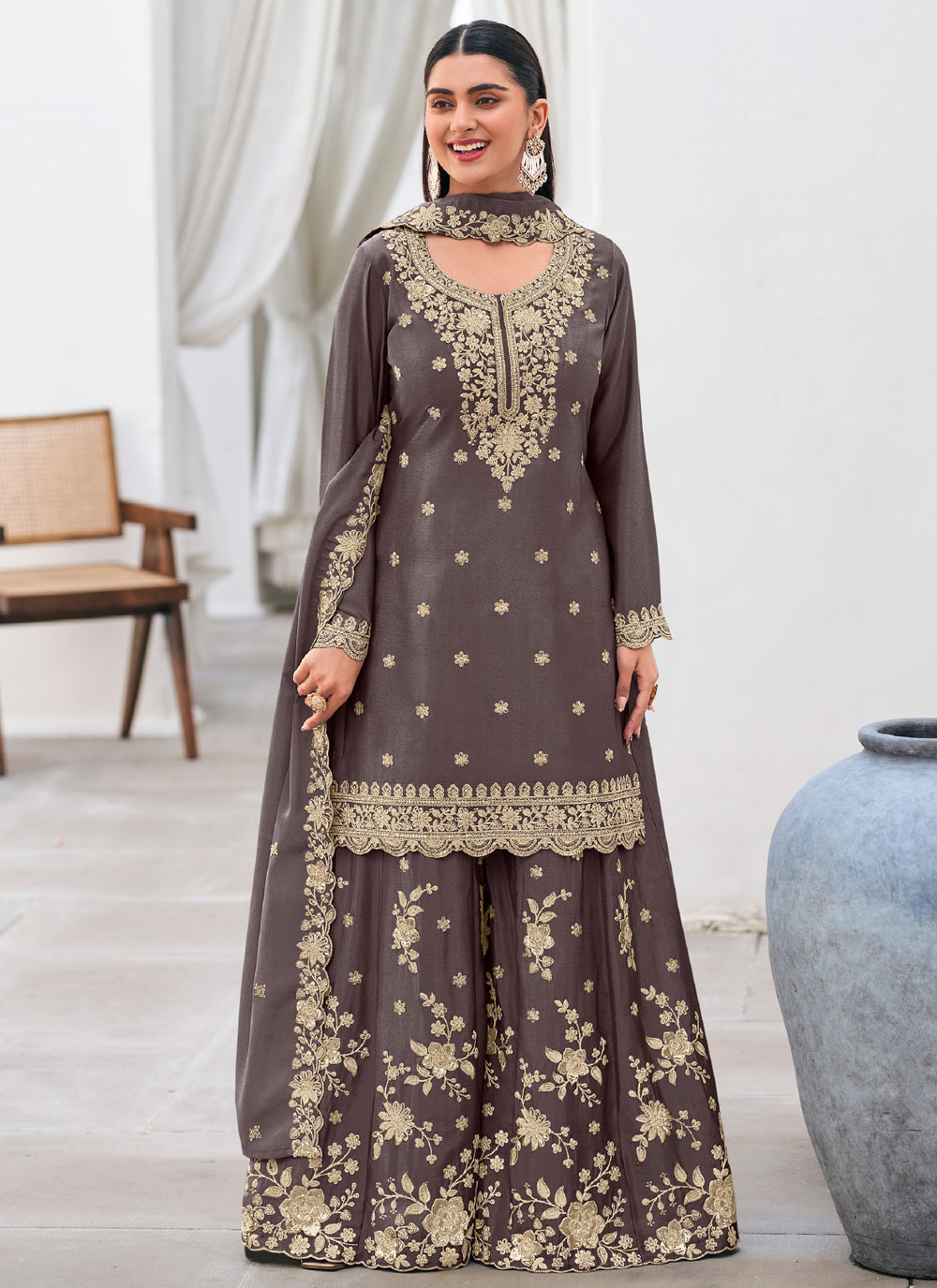 Embroidered Sequins Brown Chinon Trendy Salwar Kameez - Buy Online
