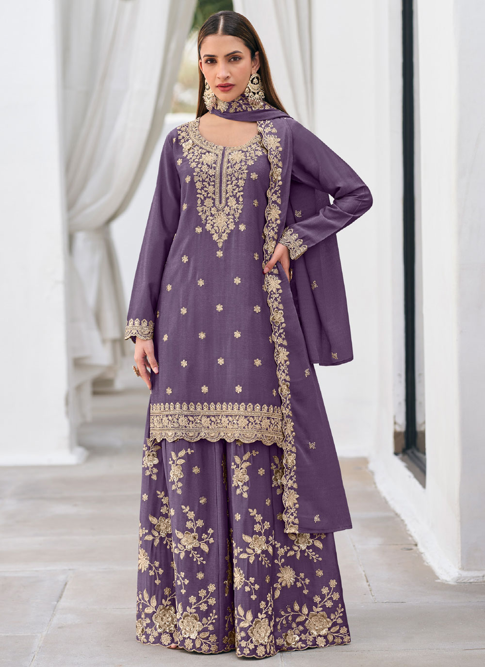 Purple Sequins Zari Work Chinon Palazzo Salwar Suit - Buy Online