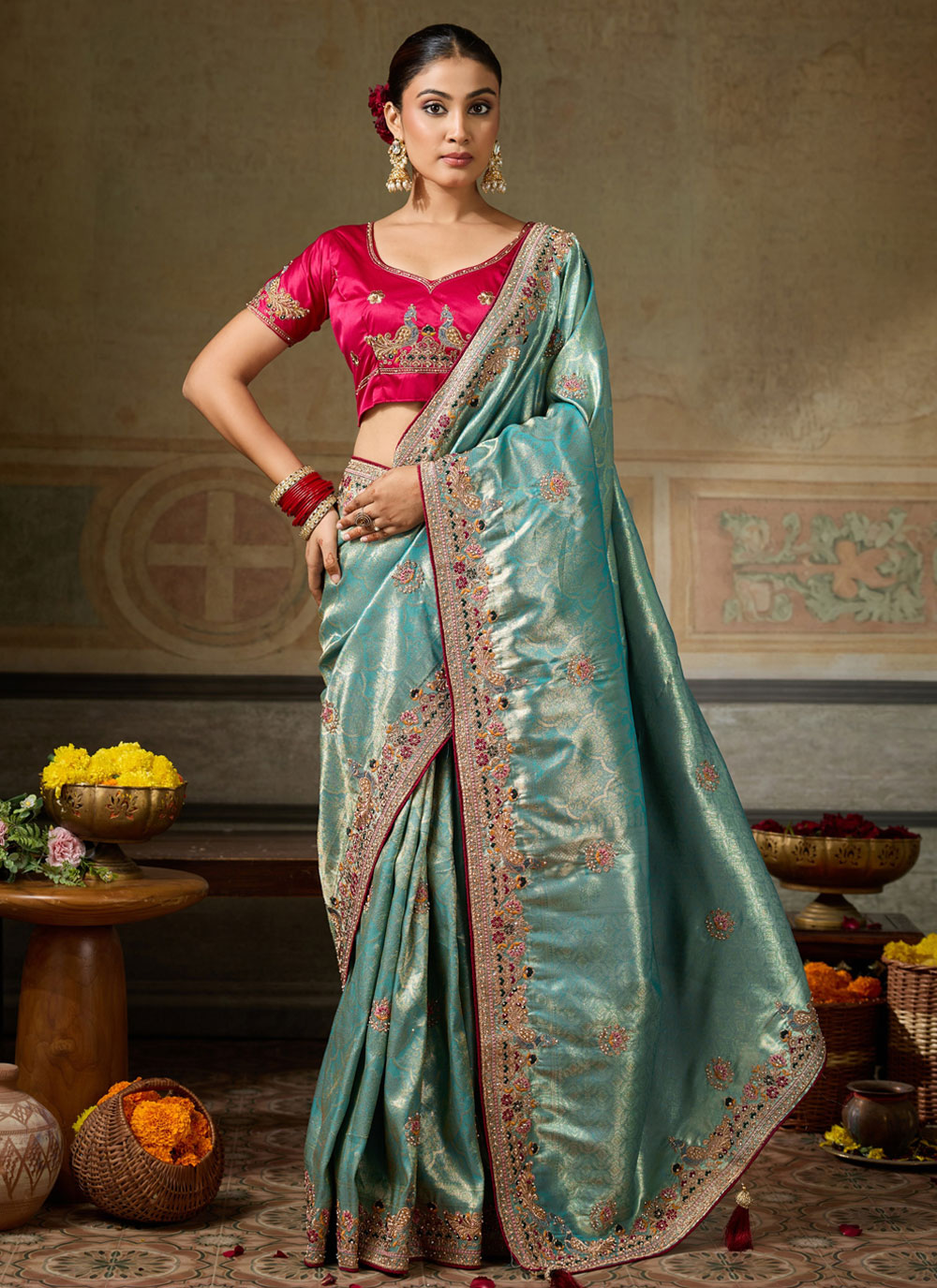 Banarasi Silk Jacquard Turquoise Embroidered Classic Saree - Buy Online