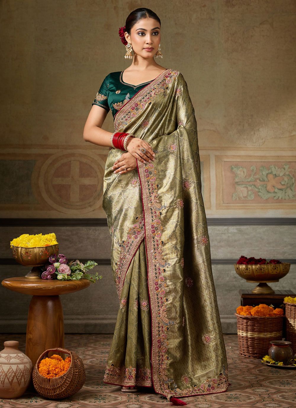 Green Banarasi Silk Jacquard Zarkan Pearls Embroidered Saree - Buy Online