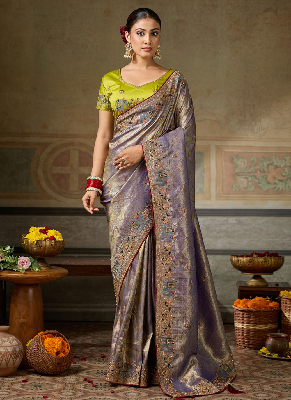 Jacquard Banarasi Silk Lavender Contemporary Saree - Buy Online