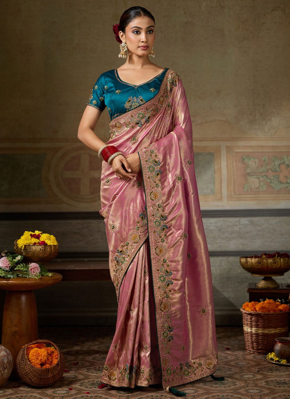 Embroidered Jacquard Banarasi Silk Trendy Saree in Pink - Buy Online