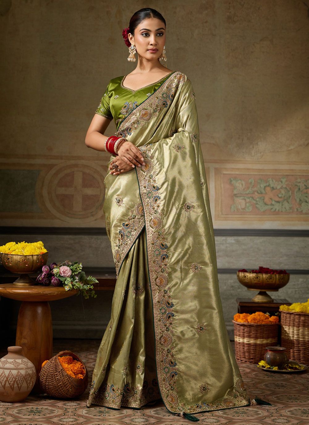 Green Banarasi Silk Zarkan Pearls Work Saree for Ceremonial - Buy Online
