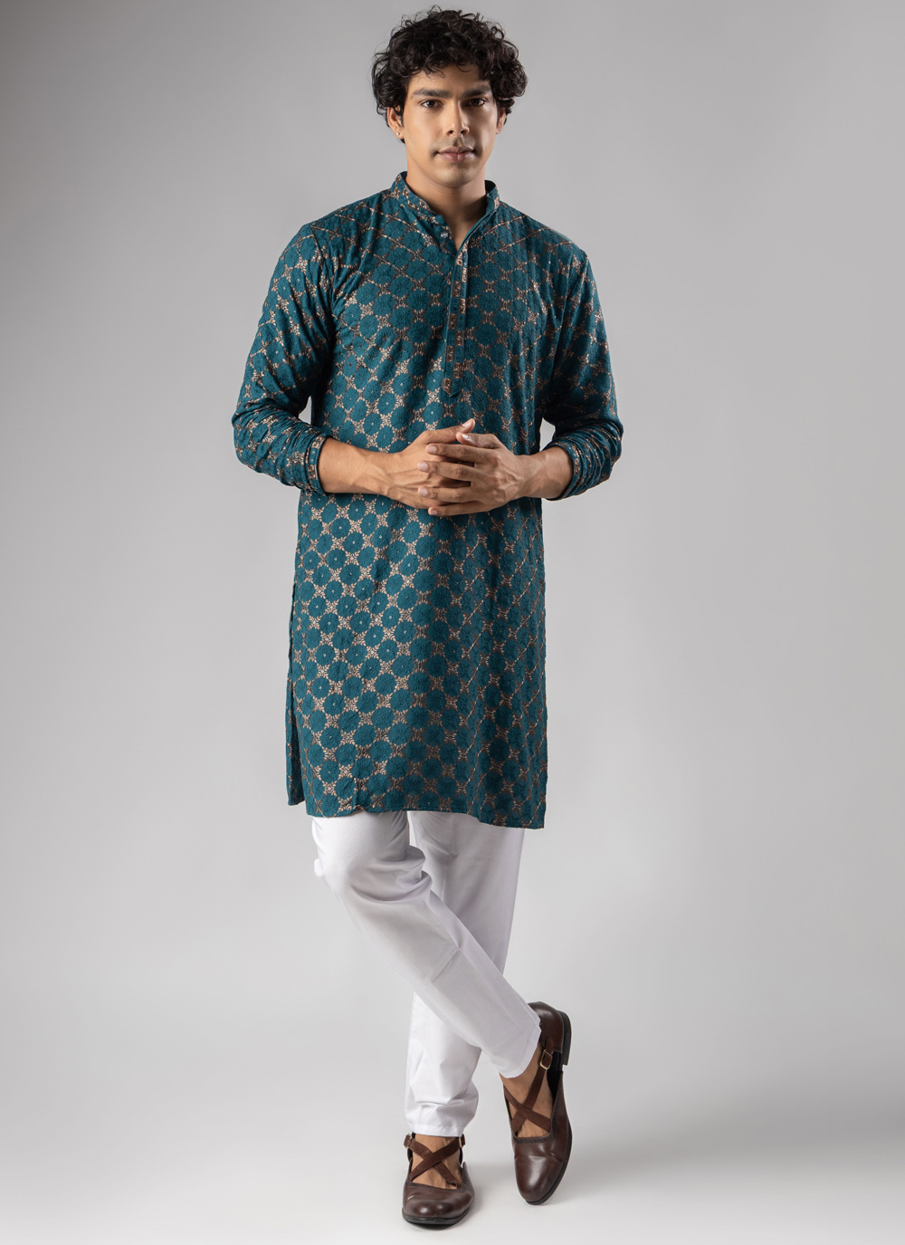 Embroidered Rayon Teal Colour Kurta Pyjama - Buy Online