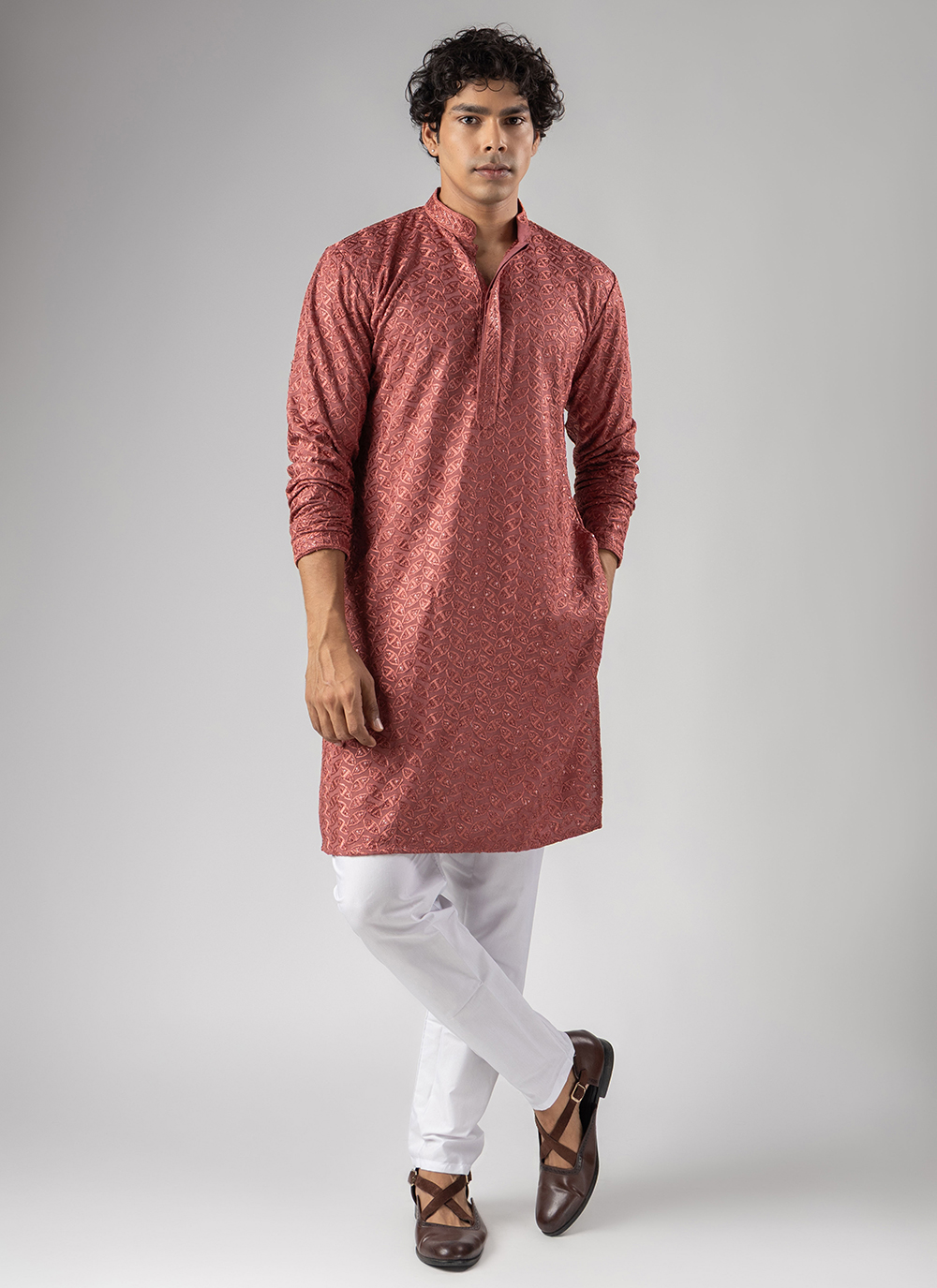 Rayon Rose Pink Embroidered Kurta Pyjama Mens Wear - Buy Online