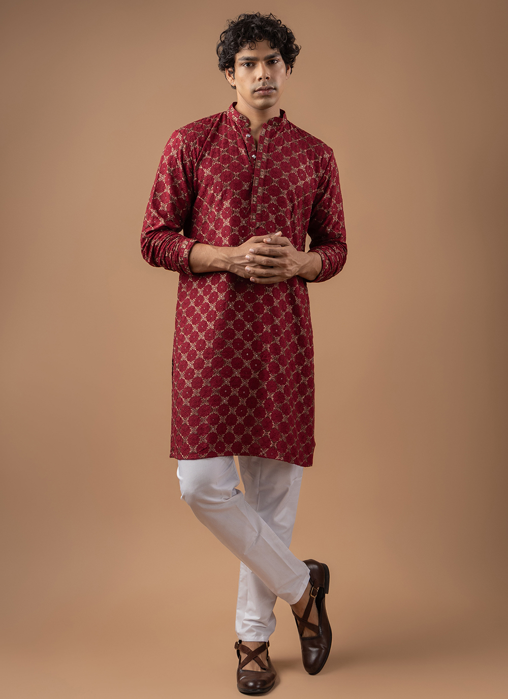 Maroon Embroidered Rayon Festival Kurta Pyjama - Buy Online