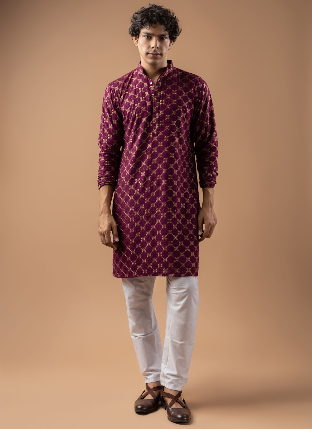 Rayon Wine Embroidered Kurta Pyjama Set - Buy Online