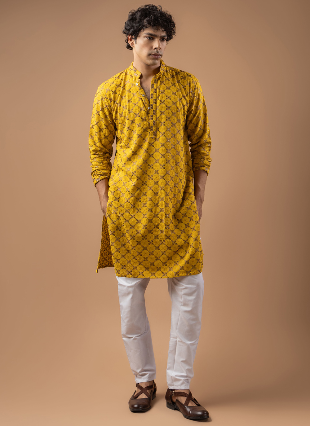 Yellow Rayon Embroidered Ceremonial Kurta Pyjama - Buy Online