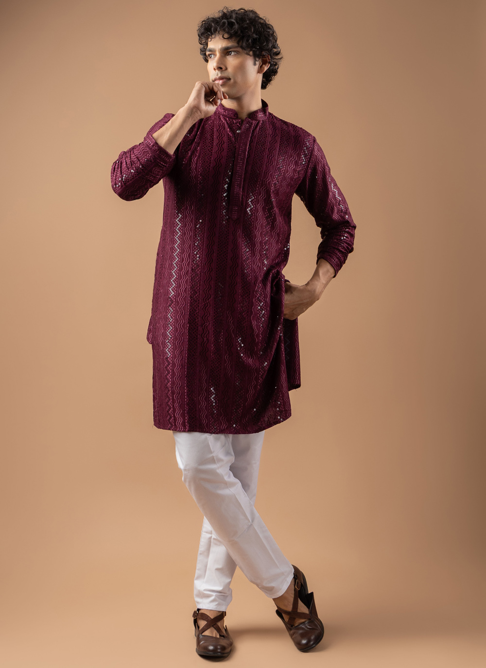 Wine Embroidered Rayon Trendy Kurta Pyjama - Buy Online