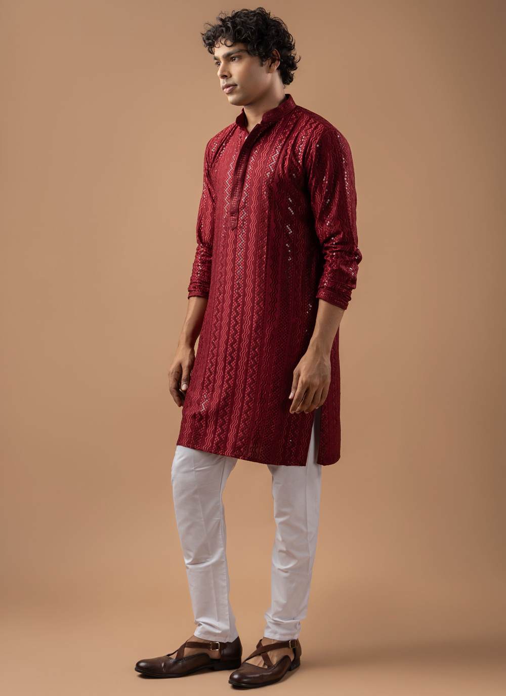 Rayon Maroon Embroidered Festival Kurta and Pyjama - Buy Online
