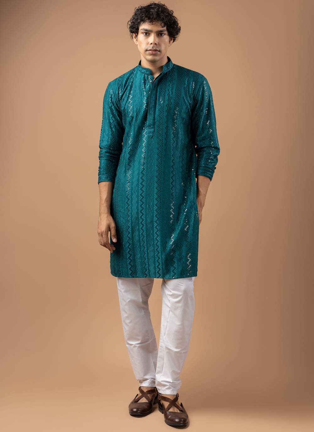 Embroidered Rayon Kurta Pyjama Set in Teal Colour - Buy Online
