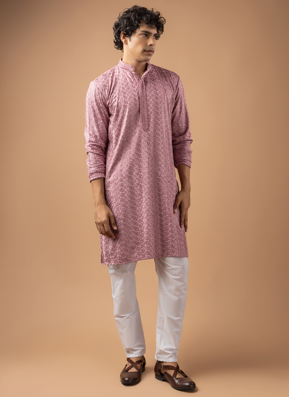 Mauve Rayon Embroidered Party Wear Kurta Pyjama - Buy Online