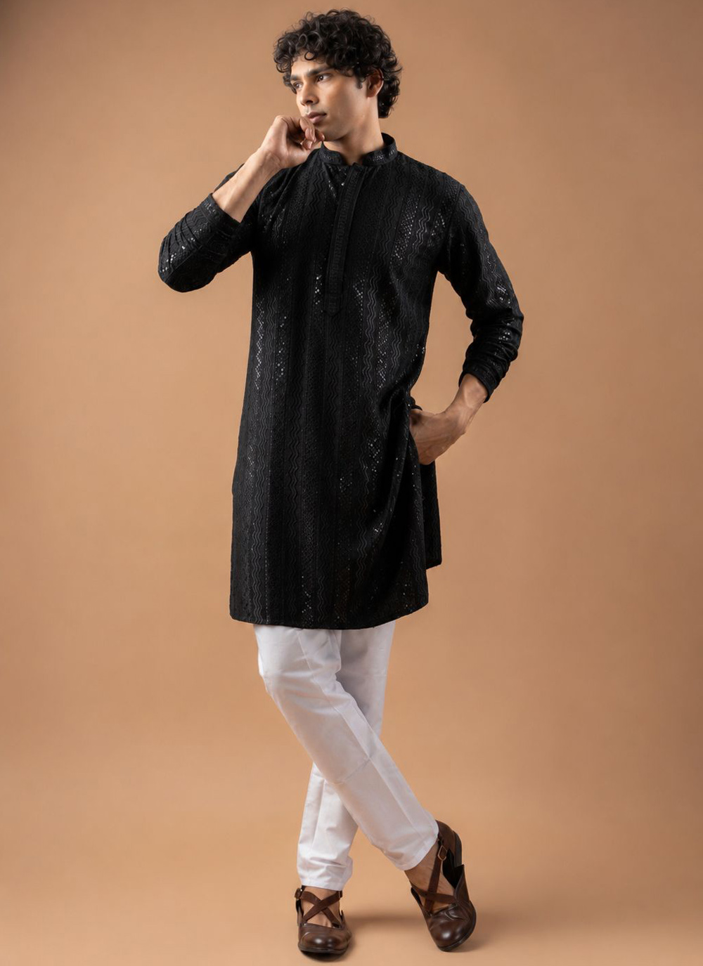Black Embroidered Rayon Kurta Pyjama for Sangeet - Buy Online