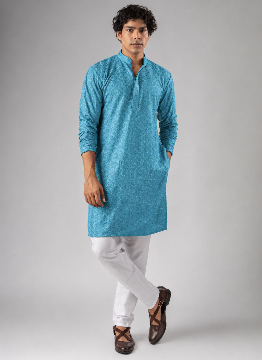 Turquoise Embroidered Rayon Trendy Kurta Pyjama - Buy Online