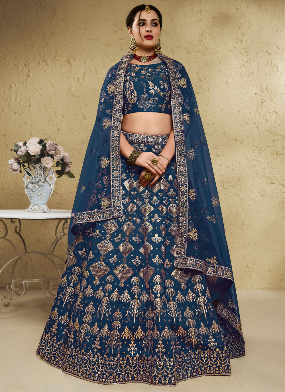 Blue Art Silk Sequins Embroidered Designer Lehenga Choli - Buy Online