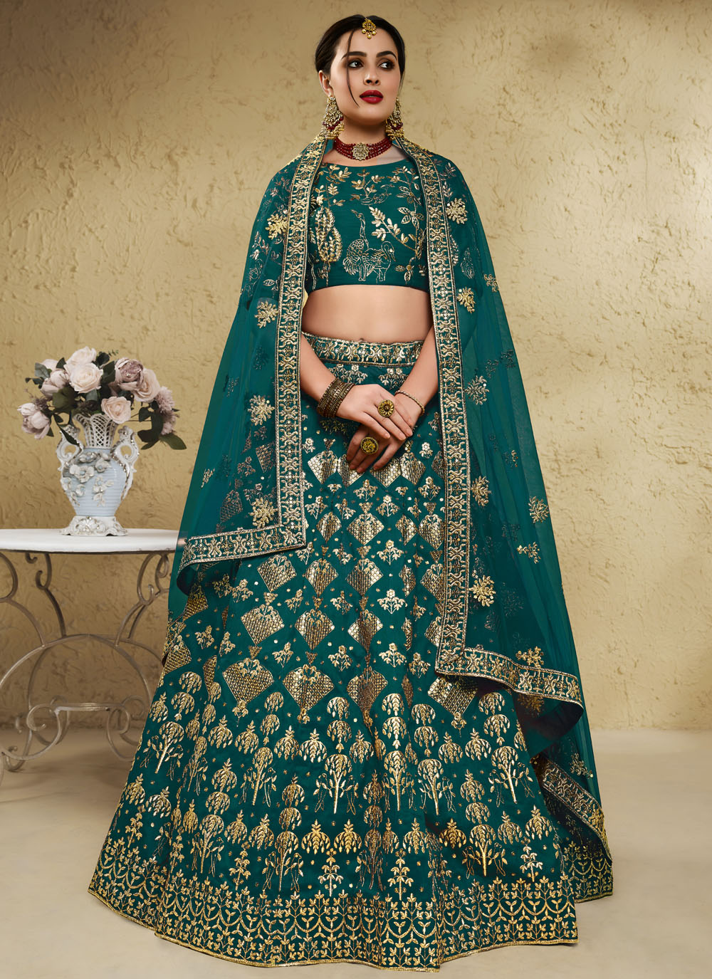 Art Silk Embroidered Green Ceremonial Lehenga Choli - Buy Online