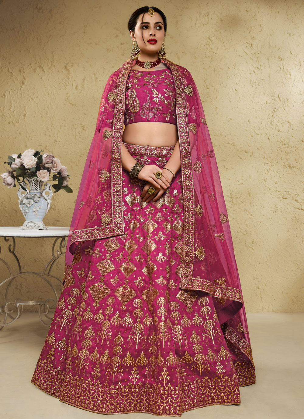 Art Silk Pink Sequins Zari Work Lehenga Choli for Engagement - Buy Online