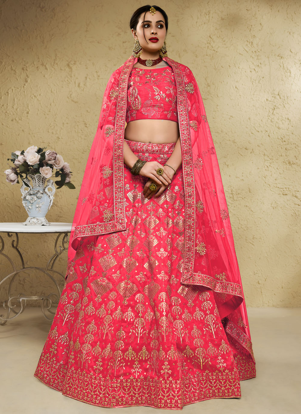 Peach Sequins Zari Embroidered Art Silk Lehenga Choli - Buy Online