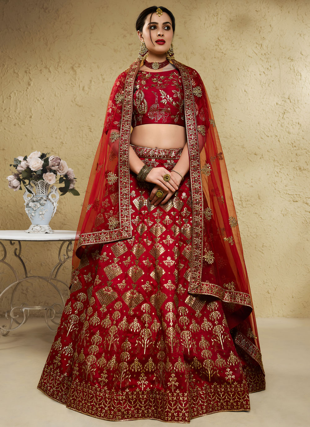 Art Silk Red Sequins Embroidered Trendy Lehenga Choli - Buy Online