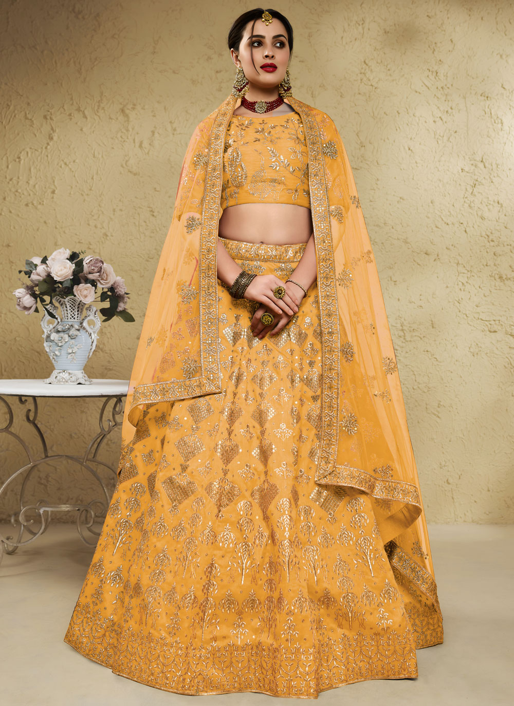 Yellow Art Silk Embroidered Designer Lehenga Choli - Buy Online