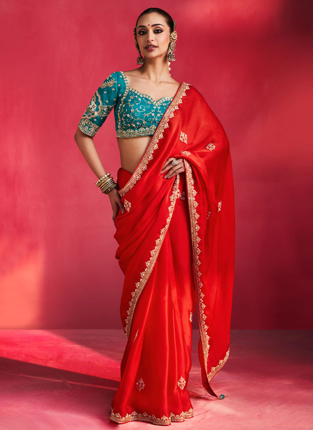 Red Fancy Fabric Pearls Sequins Work Wedding Saree - Buy Online