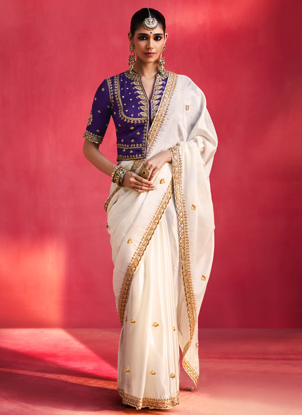 Fancy Fabric Cream Stone Embroidered Saree for Reception - Buy Online