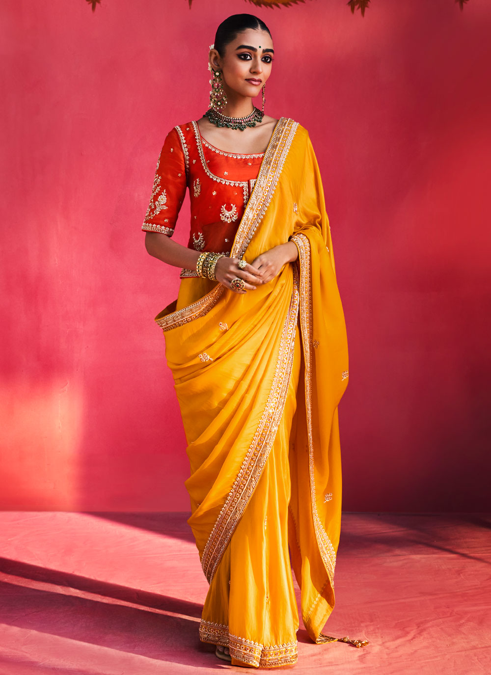 Mustard Pearls Stone Embroidered Fancy Fabric Trendy Saree - Buy Online
