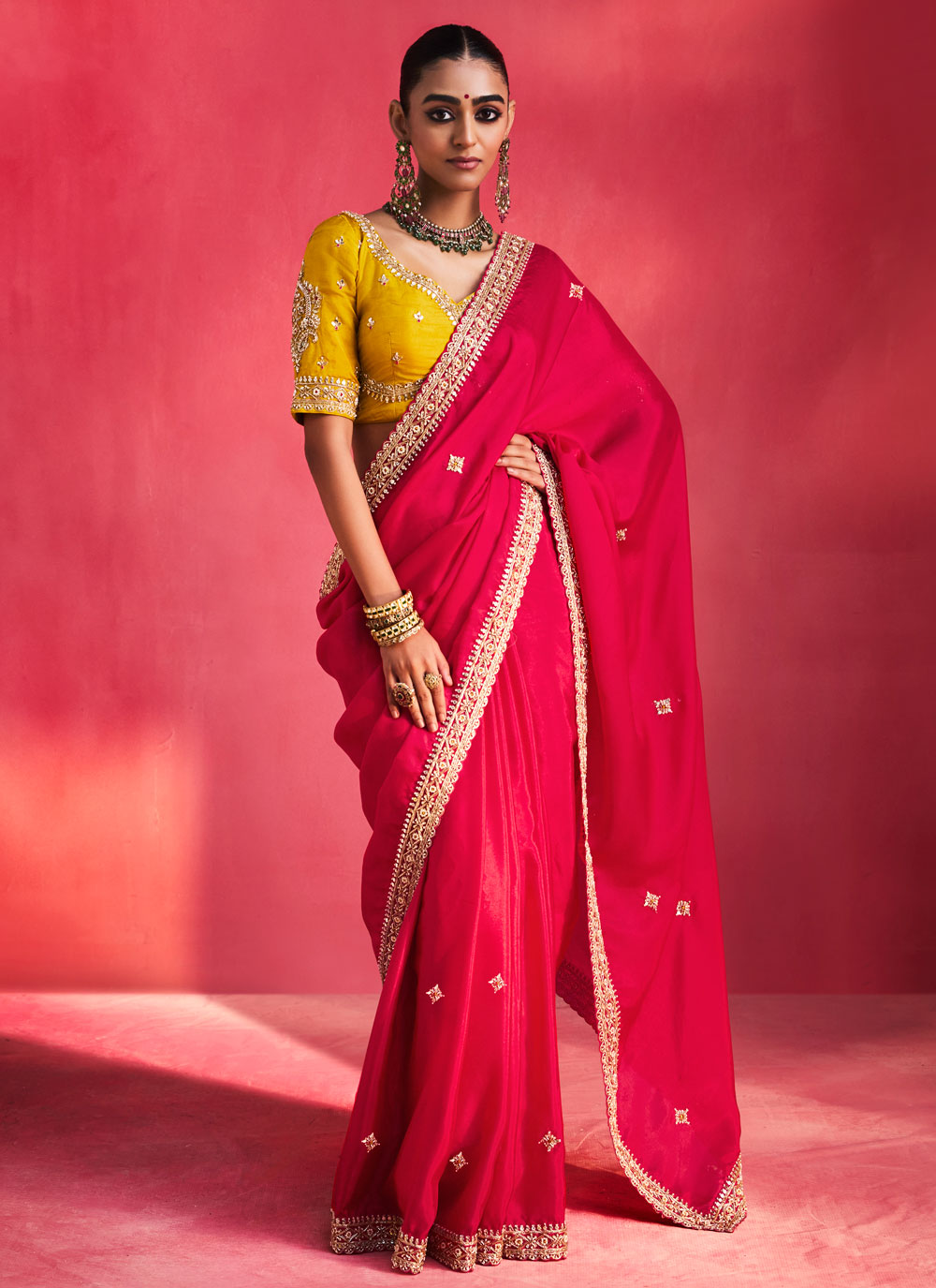 Pearls Stone Embroidered Fancy Fabric Pink Bridal Saree - Buy Online
