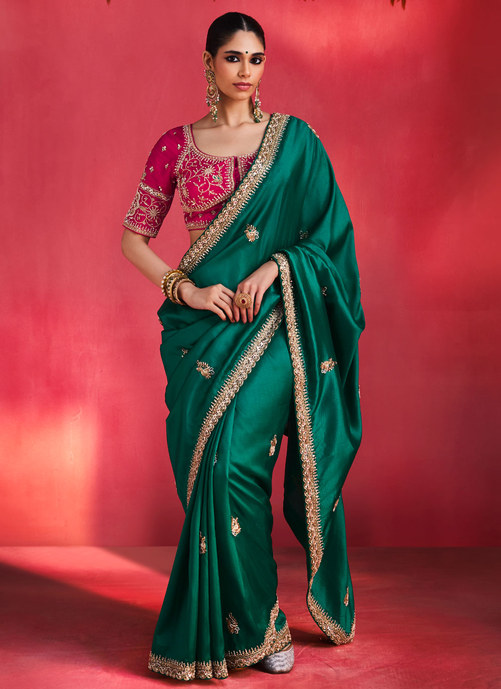 Green Fancy Fabric Stone Thread Pearls Traditional Saree - Buy Online