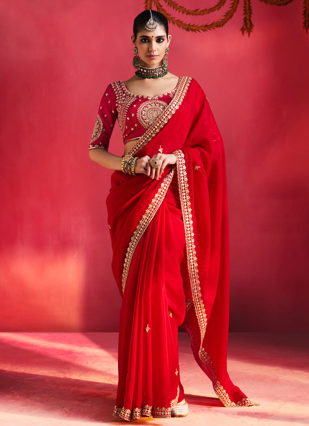 Fancy Fabric Sequins Pearls Work Red Engagement Saree - Buy Online