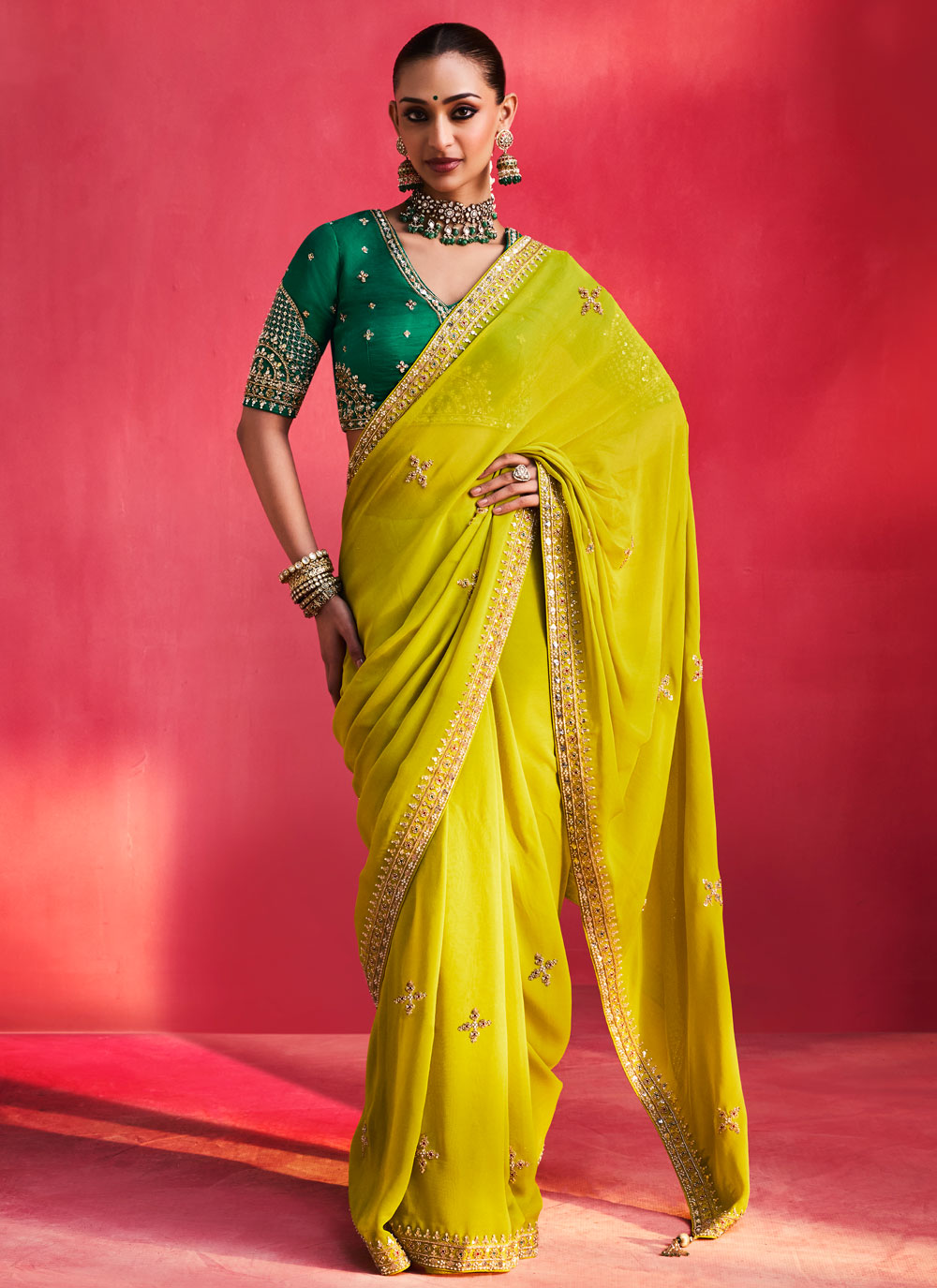 Green Embroidered Stone Thread Work Fancy Fabric Saree - Buy Online