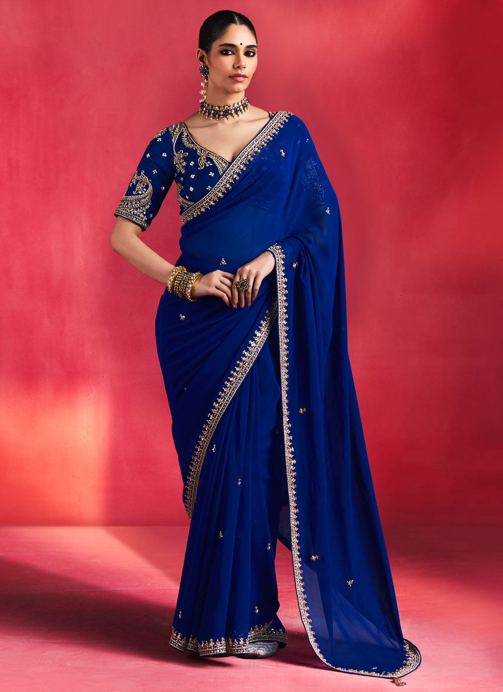 Fancy Fabric Blue Pearls Sequins Work Designer Reception Saree - Buy Online