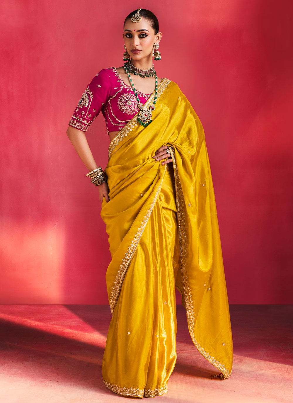 Embroidered Stone Thread Fancy Fabric Classic Saree in Mustard - Buy Online