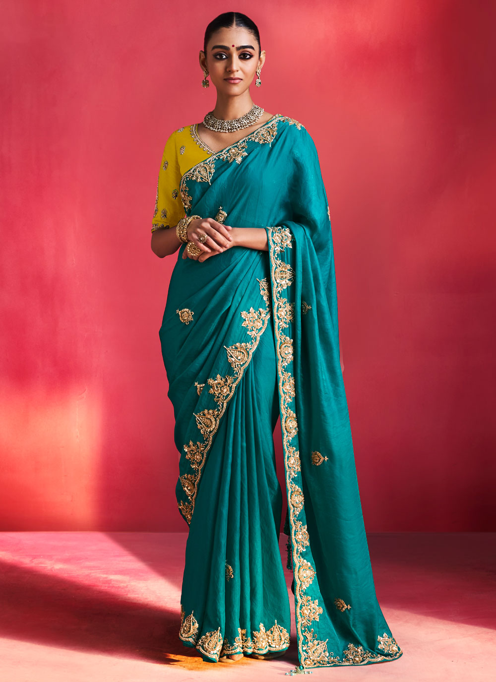 Turquoise Fancy Fabric Stone Pearls Work Trendy Saree - Buy Online