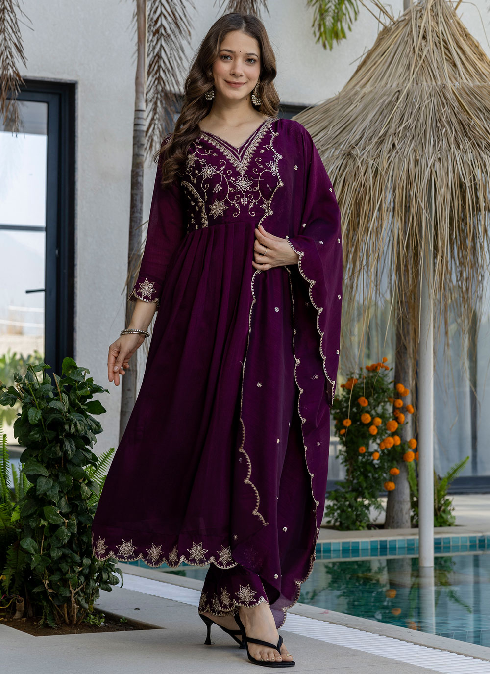 Purple Vichitra Silk Embroidered Readymade Salwar Suit - Buy Online