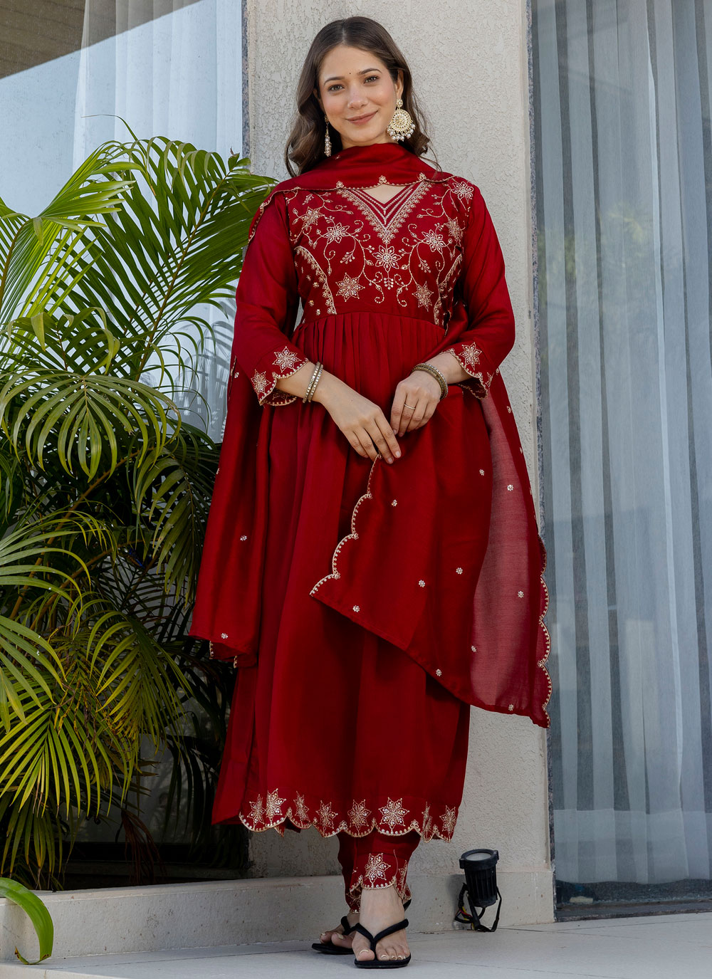 Vichitra Silk Embroidered Red Casual Salwar Kameez - Buy Online