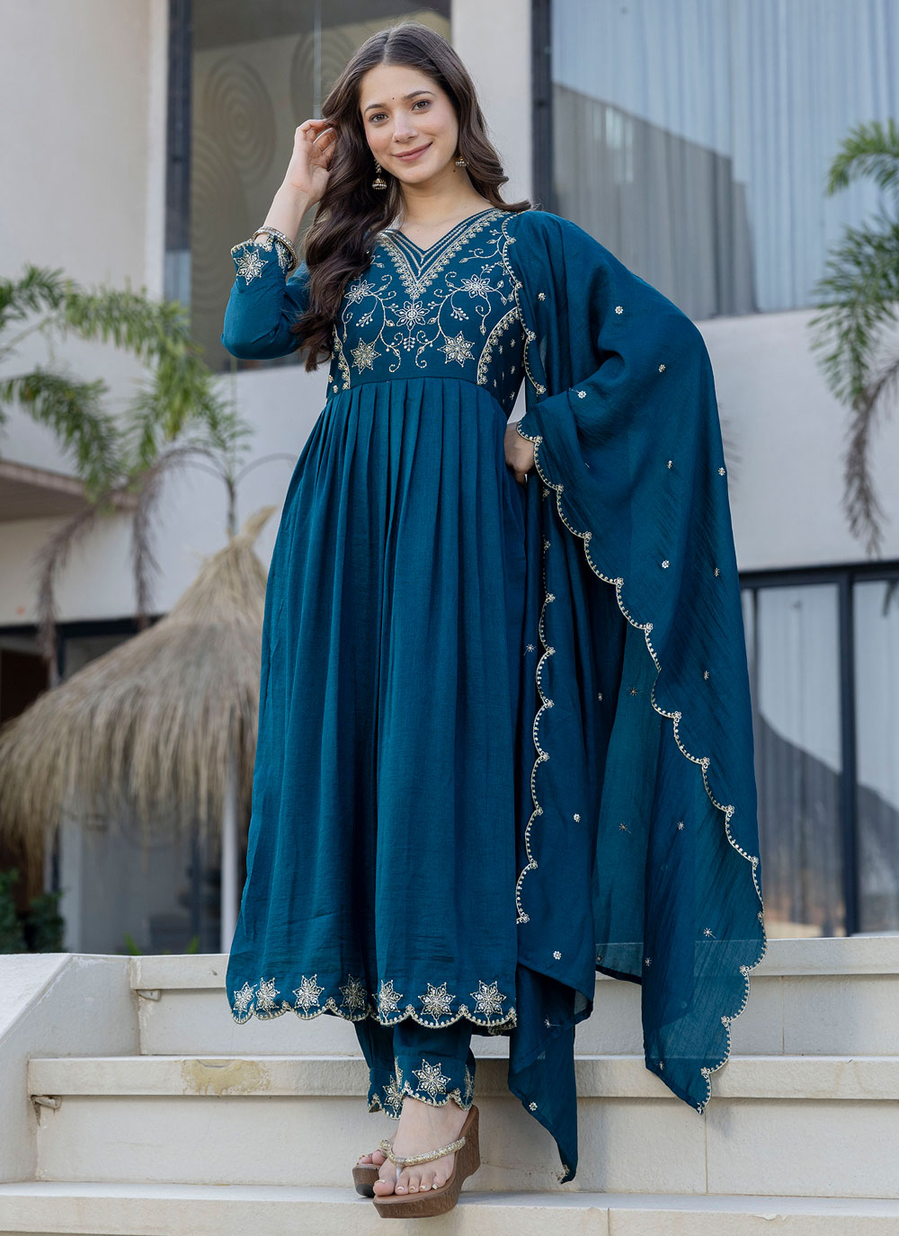 Embroidered Teal Vichitra Silk Anarkali Salwar Suit - Buy Online