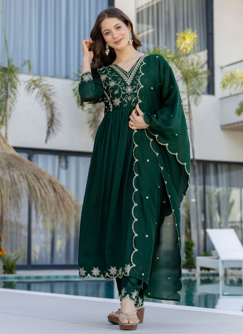 Green Embroidered Vichitra Silk Readymade Salwar Kameez - Buy Online