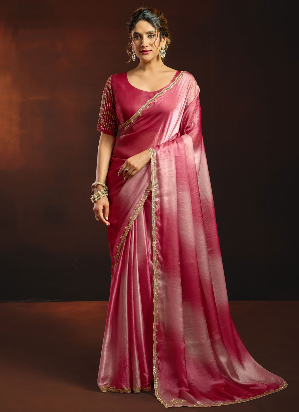 Pink Fandy Satin Beads Sequins Cut Work Trendy Saree - Buy Online
