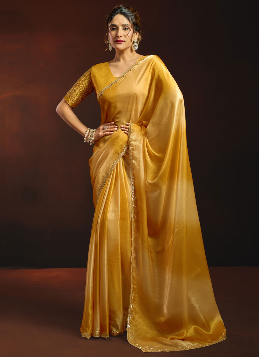 Shaded Fandy Satin Sequins Border Mustard Designer Saree - Buy Online