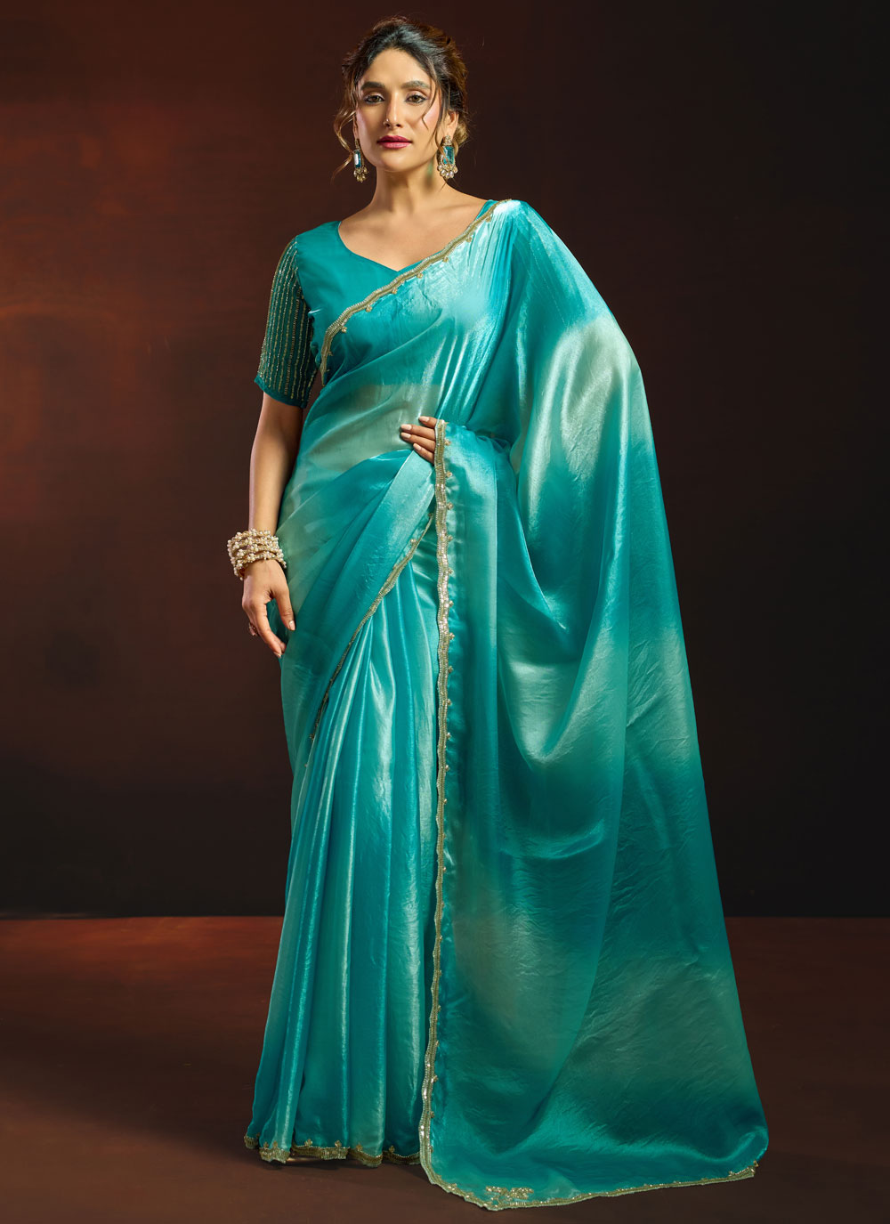 Turquoise Beads Sequins Work Fandy Satin Contemporary Saree - Buy Online
