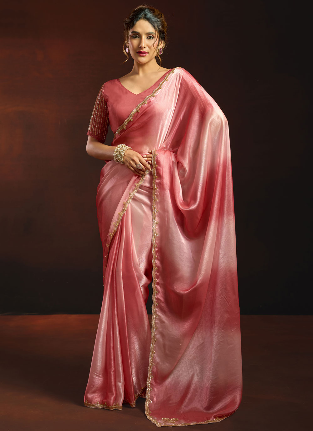 Sequins Border Cut Work Fandy Satin Party Wear Saree - Buy Online