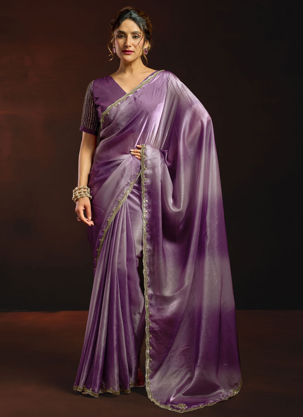 Purple Fandy Satin Beads Border Work Shaded Saree - Buy Online