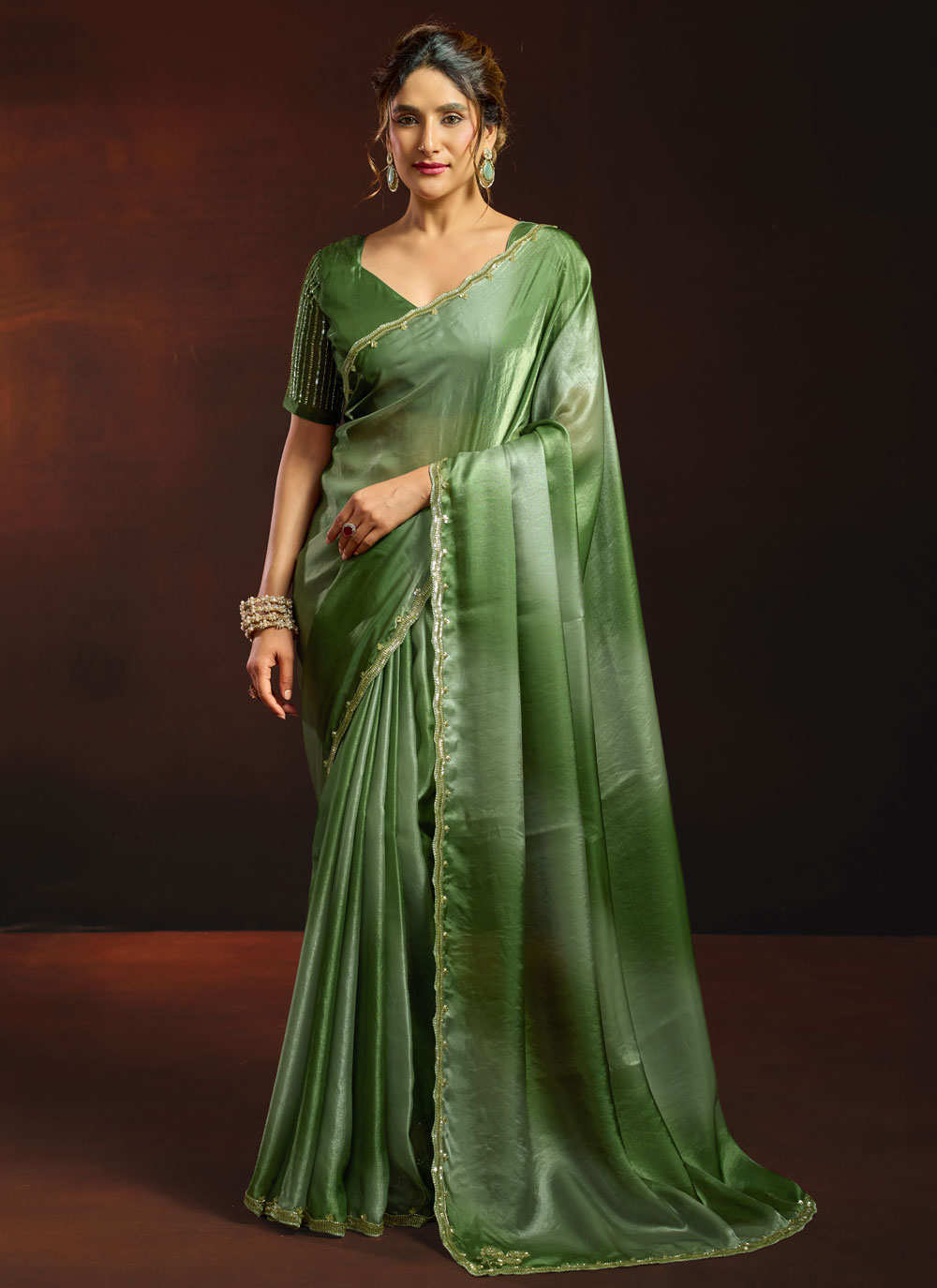 Fandy Satin Green Border Cut Work Classic Saree - Buy Online